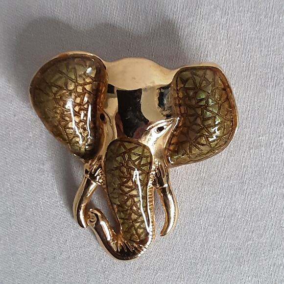 Vintage 1980s Elephant Head Brooch Heavy Gold Tone Metal Brown Green Enamel - Picture 4 of 11